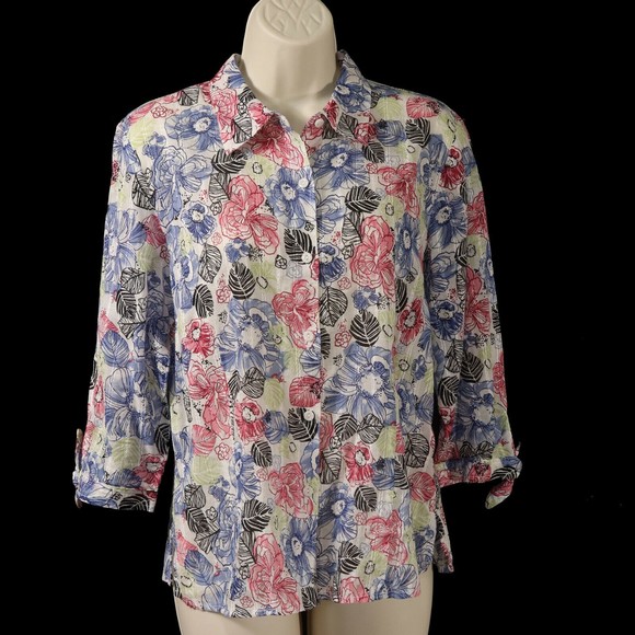 JM Collection Womens Button Front Shirt 8 Semi-Sheer Floral Pink Blue Green EUC - Picture 1 of 10